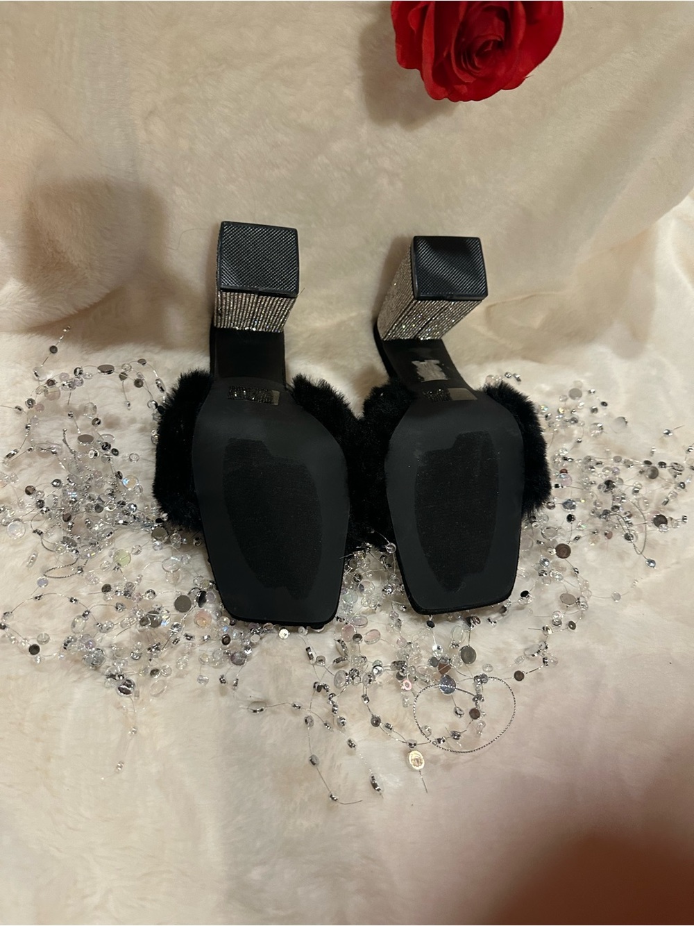 Cape Robbin Black Faux Fur Mules with Rhinestone Block Heel - Picture 5 of 7